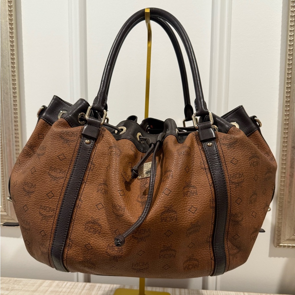 MCM Dark Brown & Black Large Drawstring Shoulder Bag EUC